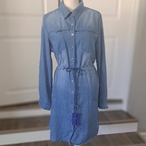 CHOUYATOU Denim Dress Long Sleeve draw string waistband Snap Down XL NWT - Picture 1 of 9